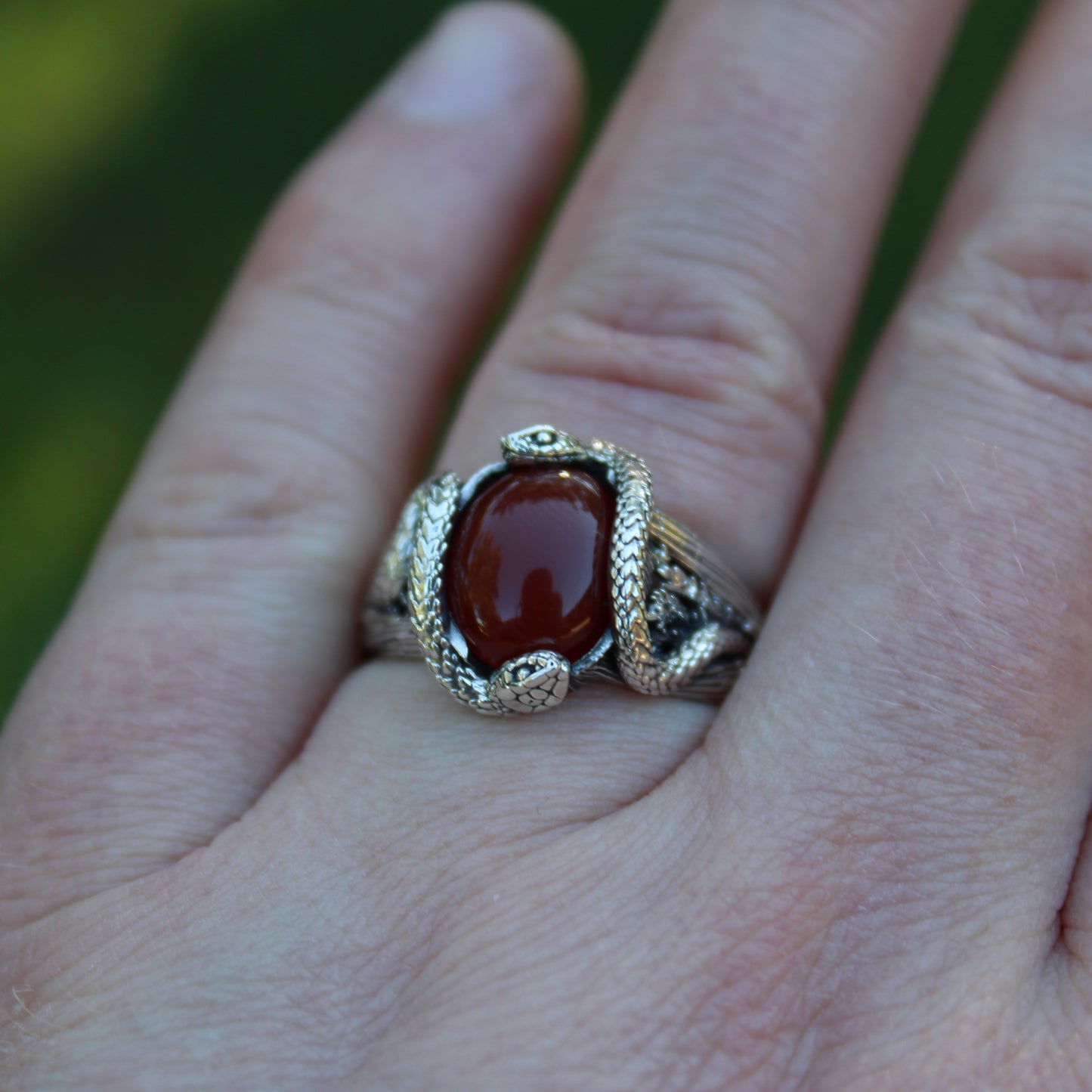 Raspberry Serpents of Thorns Ring - Carnelian