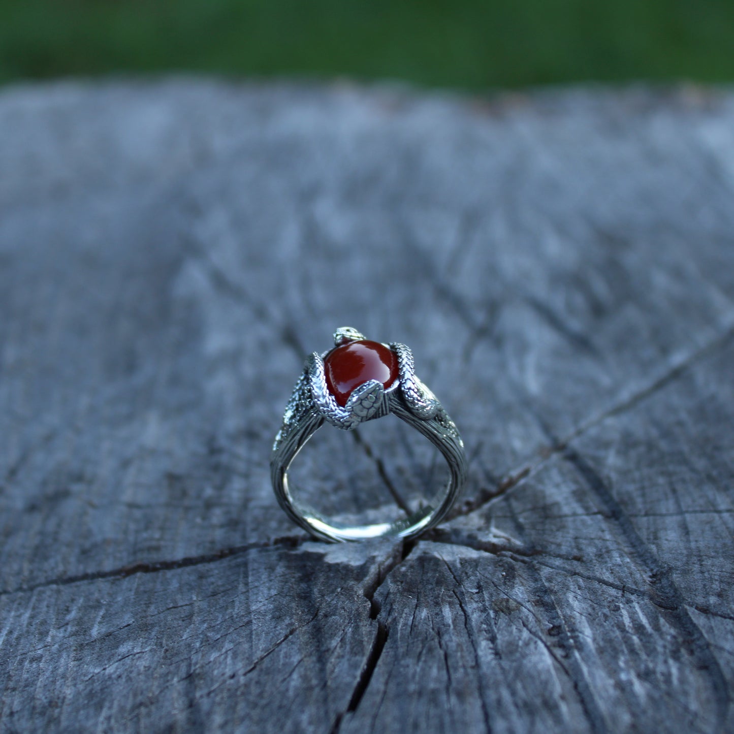 Raspberry Serpents of Thorns Ring - Carnelian