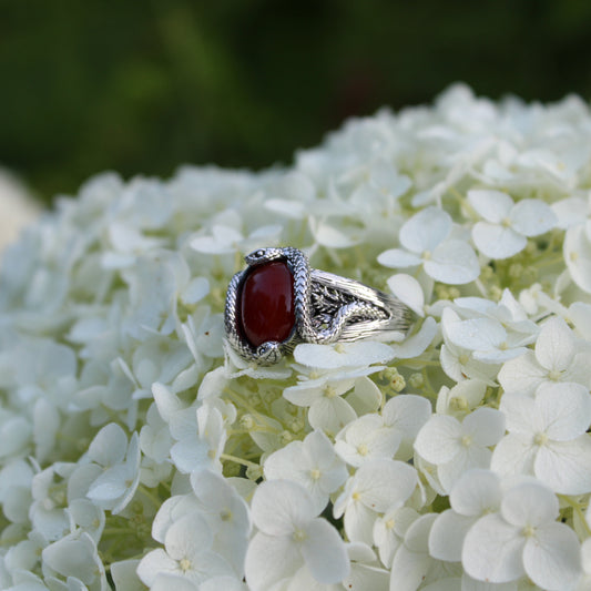 Raspberry Serpents of Thorns Ring - Carnelian