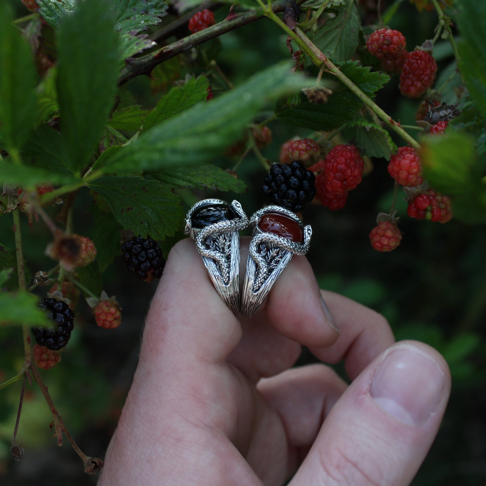 Blackberry Serpents of Thorns Ring - Black Onyx - JF Fantasy Jewelry