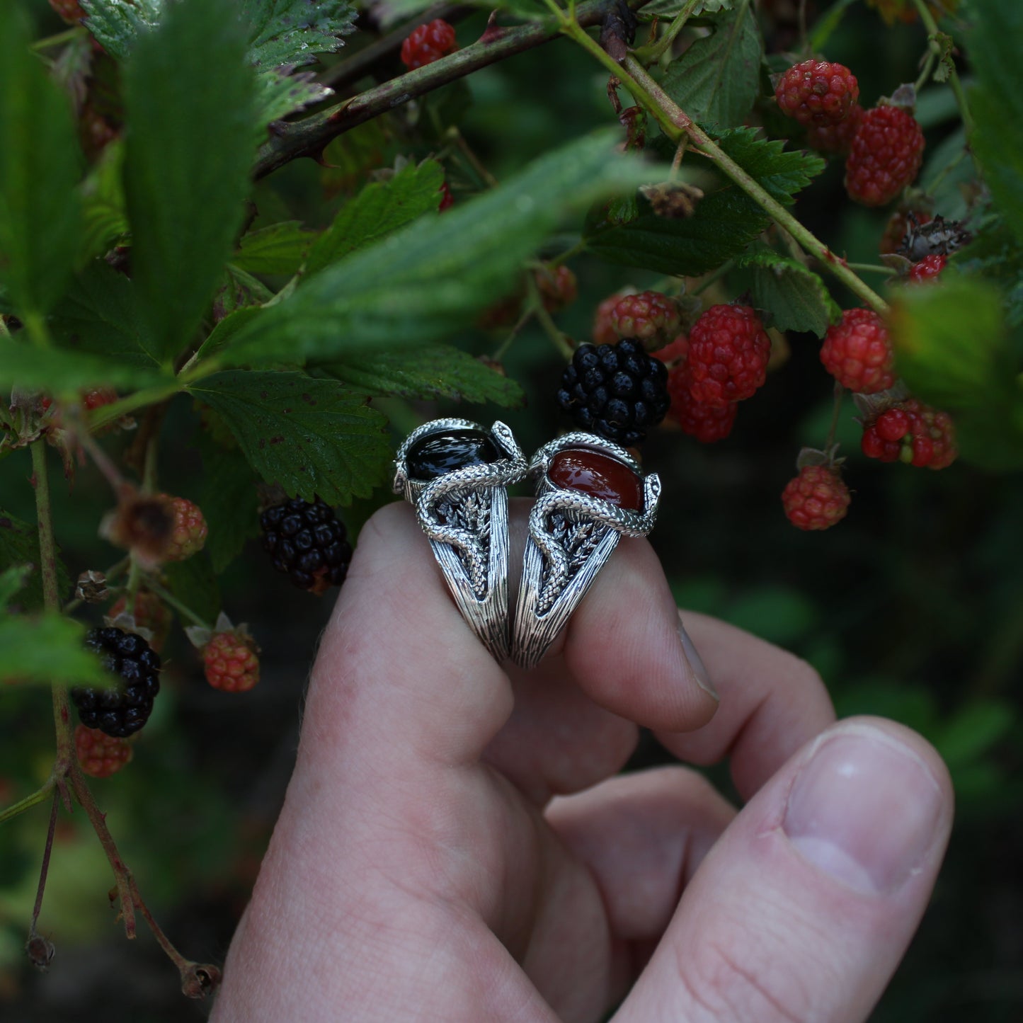 Raspberry Serpents of Thorns Ring - Carnelian