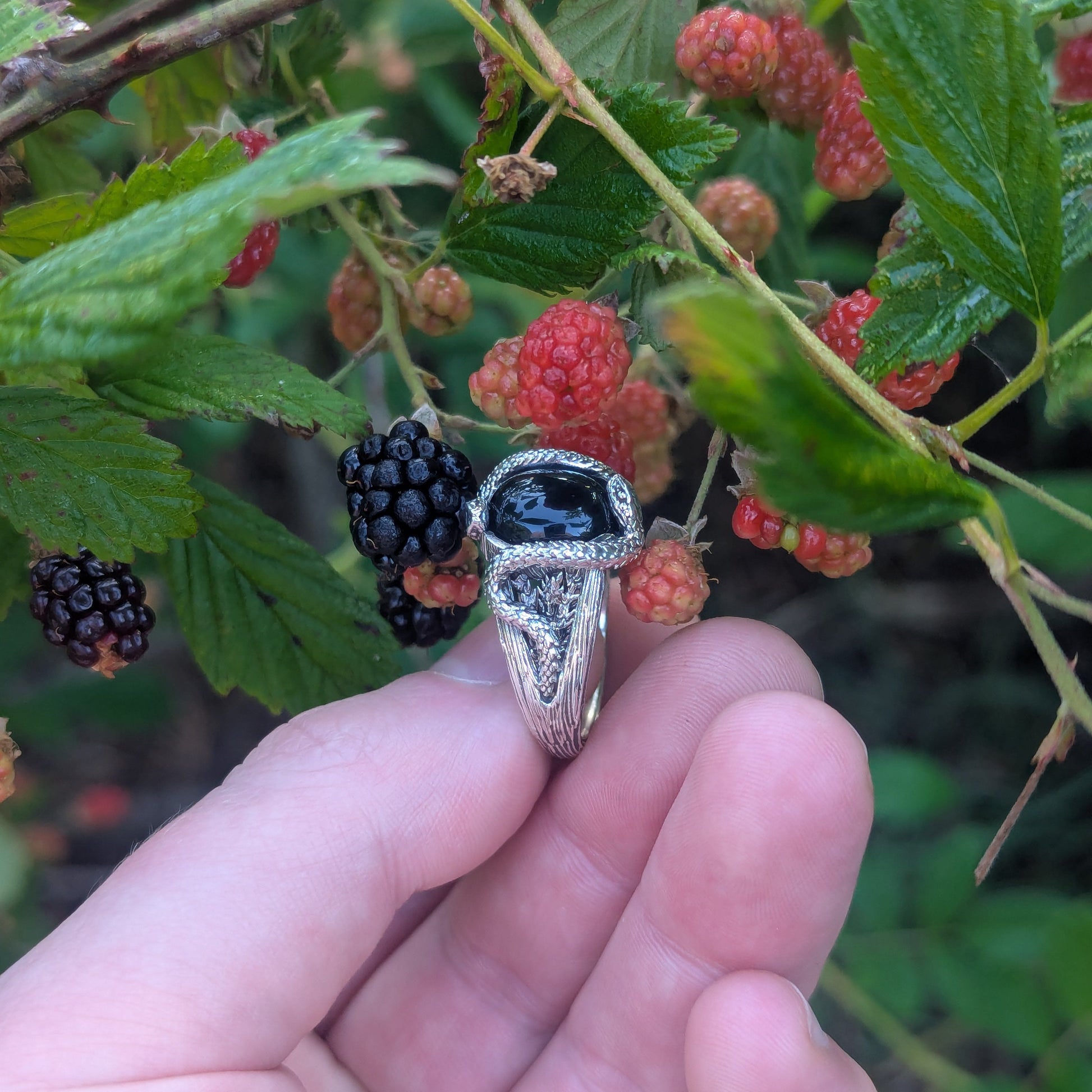 Blackberry Serpents of Thorns Ring - Black Onyx - JF Fantasy Jewelry