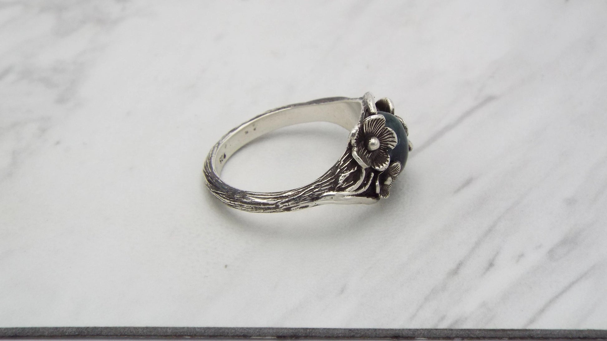 Moss Agate Sterling Silver Nature Inspired Flower Ring - JF Fantasy Jewelry