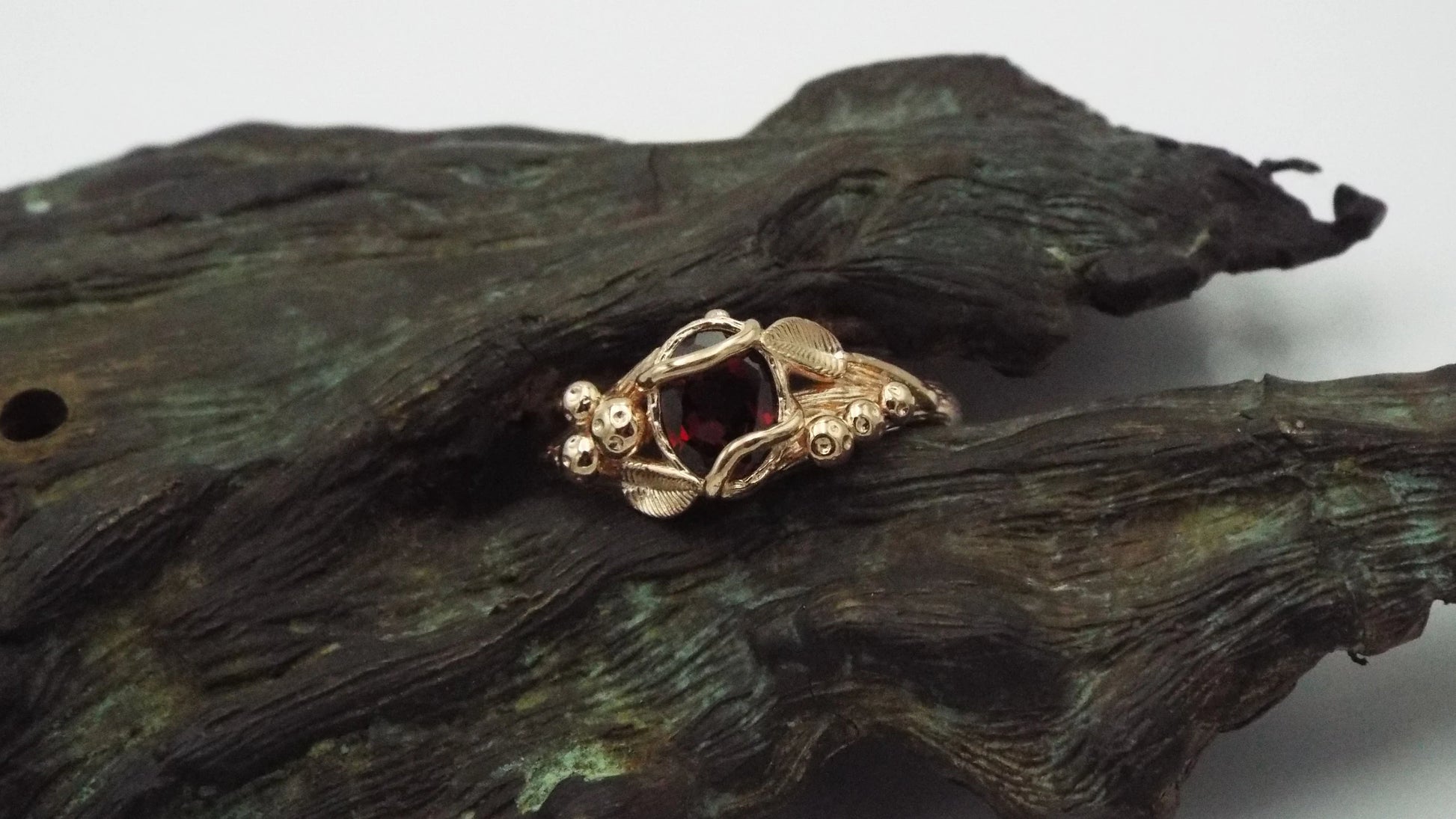 Garnet Mushroom Gold Solitaire Ring - JF Fantasy Jewelry
