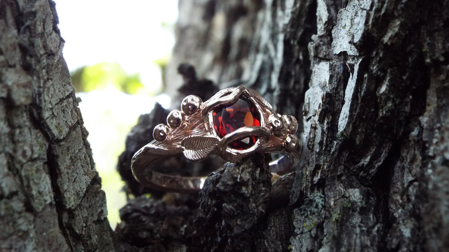 Garnet Mushroom Gold Solitaire Ring - JF Fantasy Jewelry
