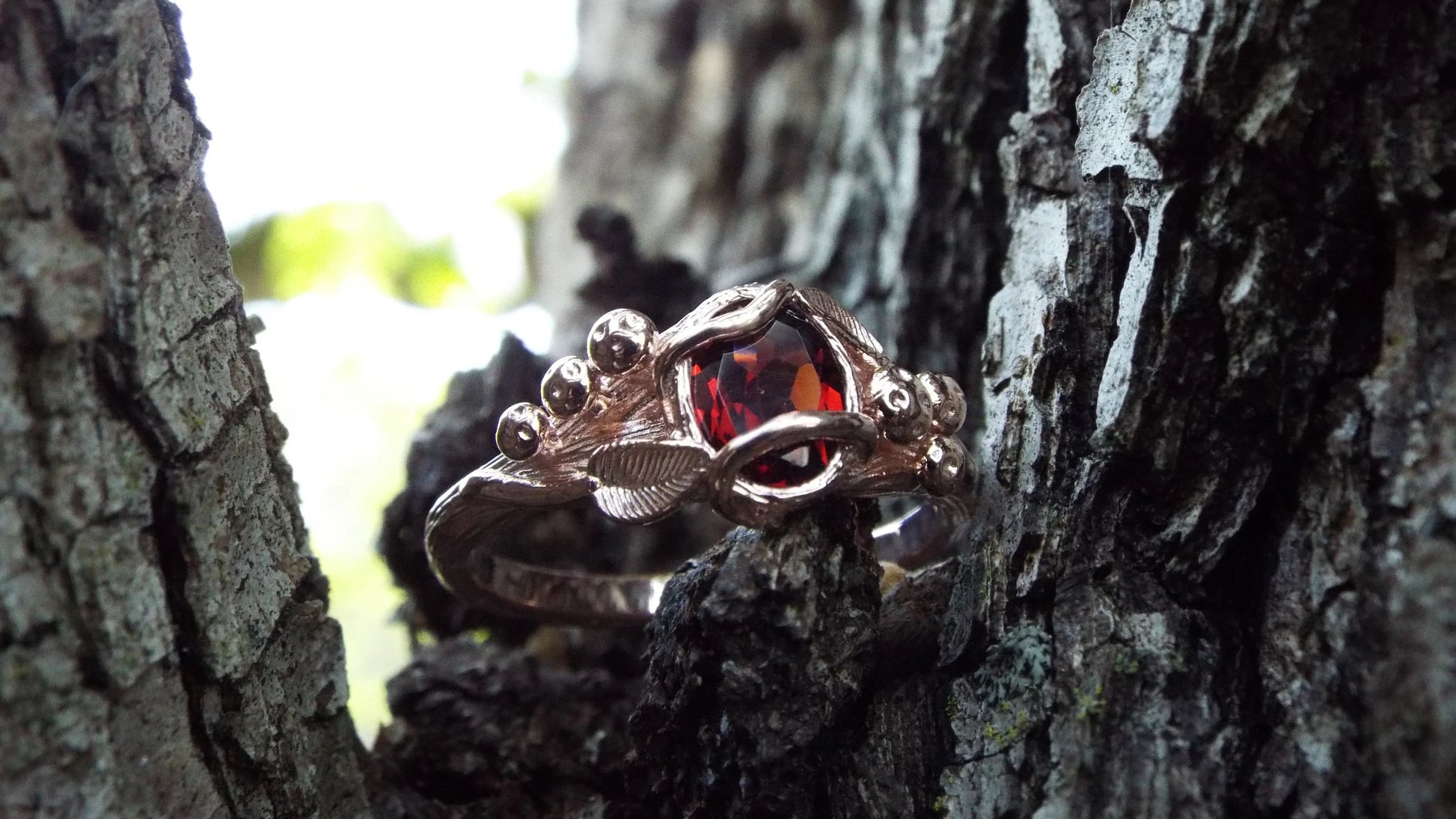 Garnet Mushroom Gold Solitaire Ring - JF Fantasy Jewelry