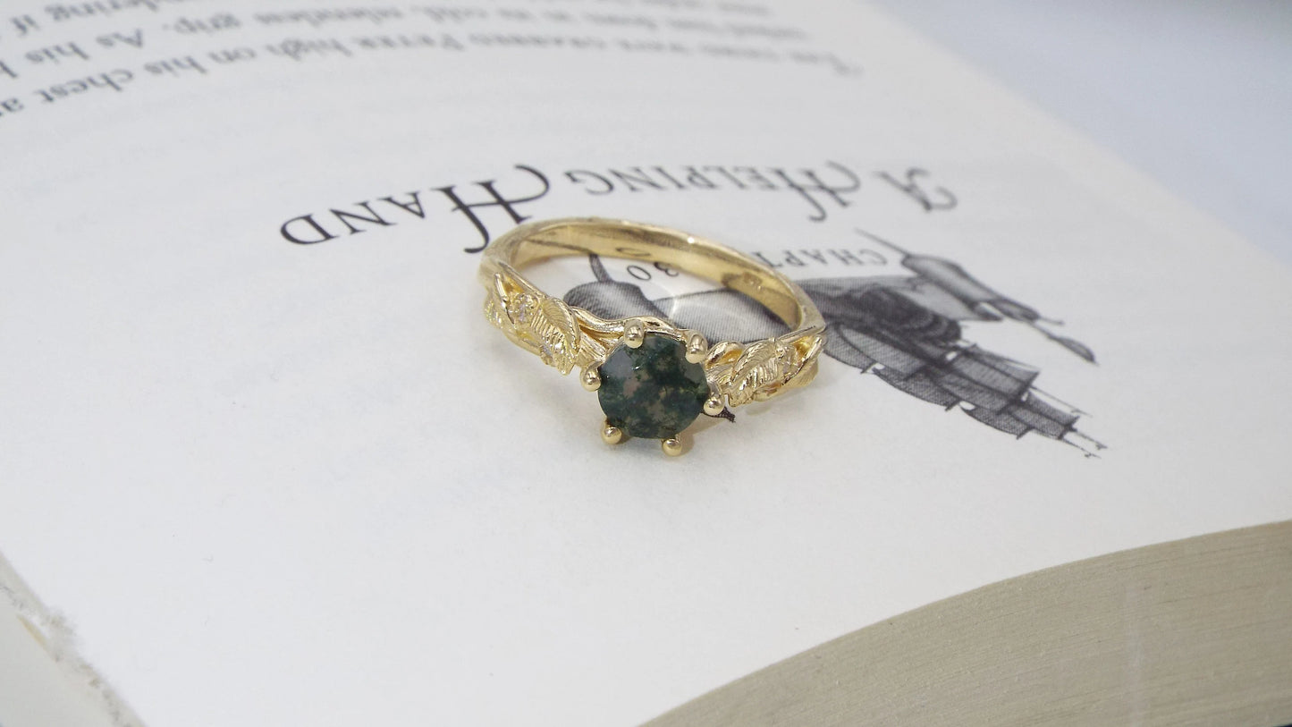 Moss Agate Gold Engagement Ring - JF Fantasy Jewelry