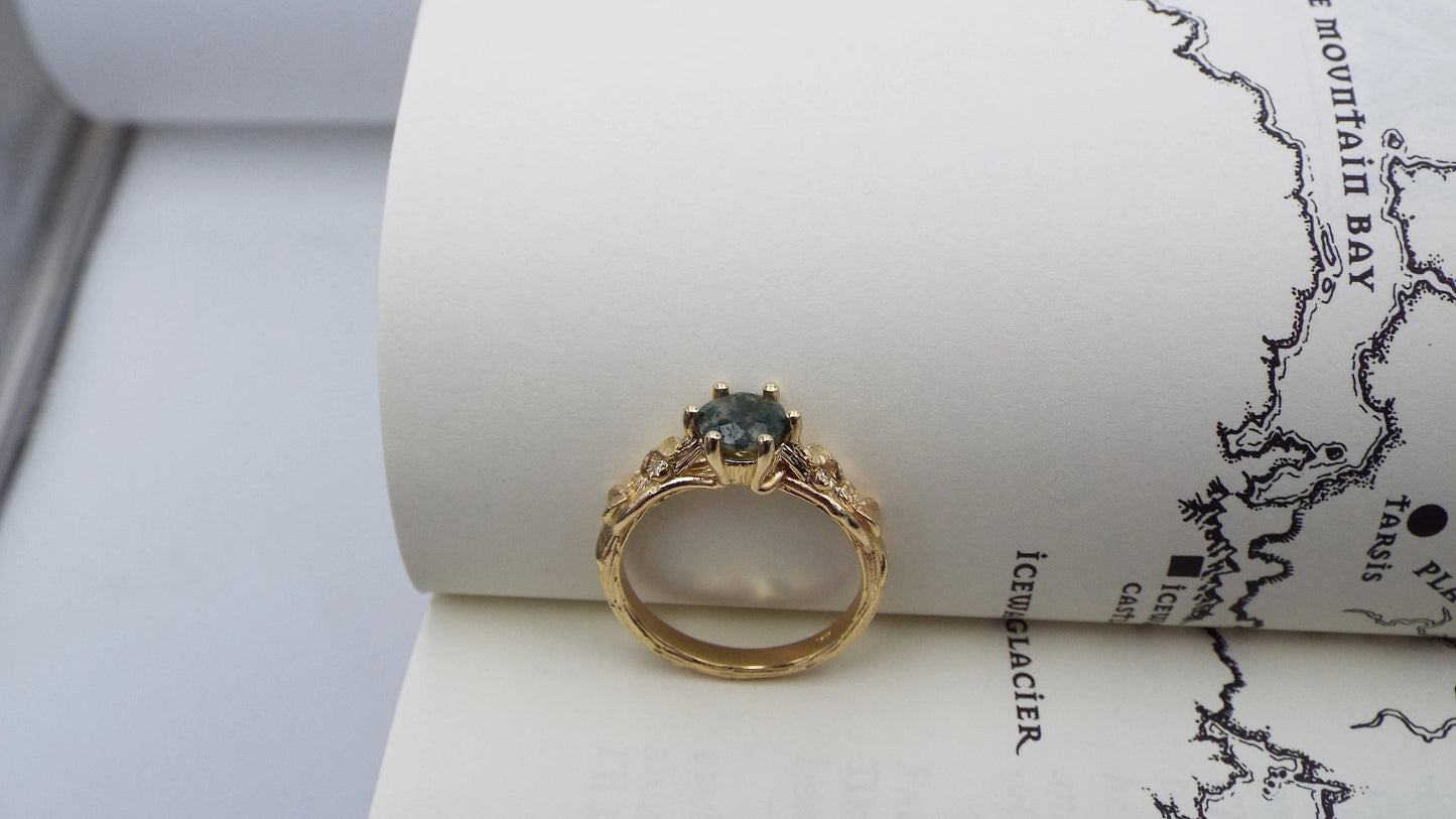 Moss Agate Gold Engagement Ring - JF Fantasy Jewelry