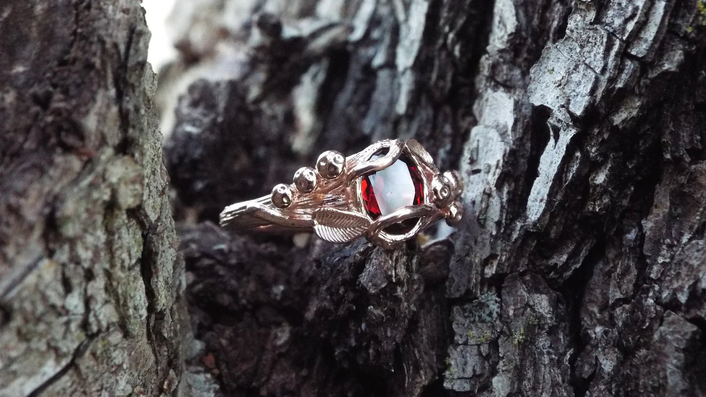 Garnet Mushroom Gold Solitaire Ring - JF Fantasy Jewelry