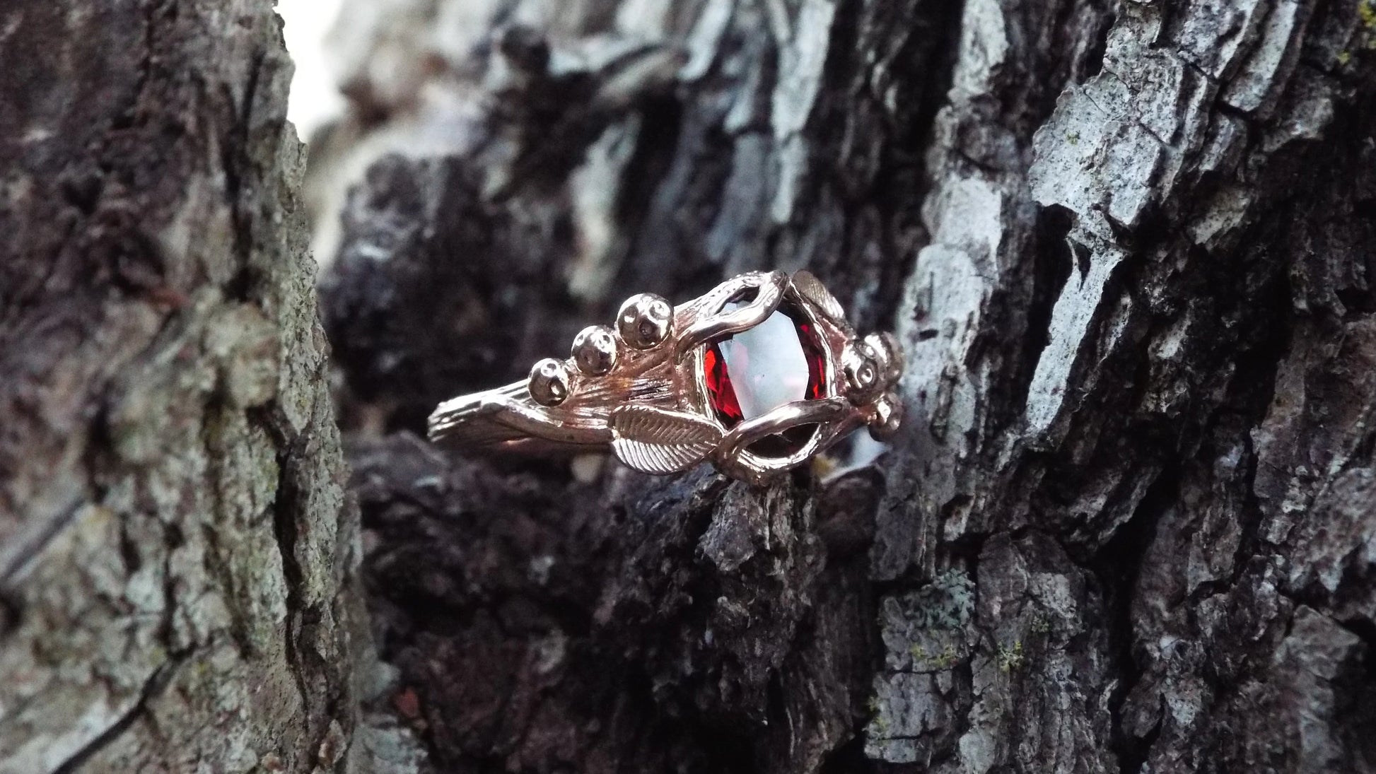 Garnet Mushroom Gold Solitaire Ring - JF Fantasy Jewelry