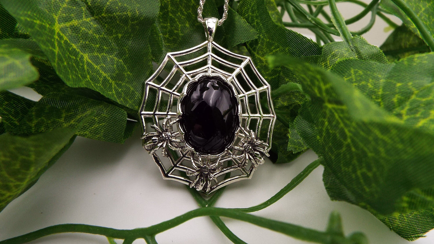 Nest Of Spiders Sterling Silver Necklace with Black Onyx Spider Pendant