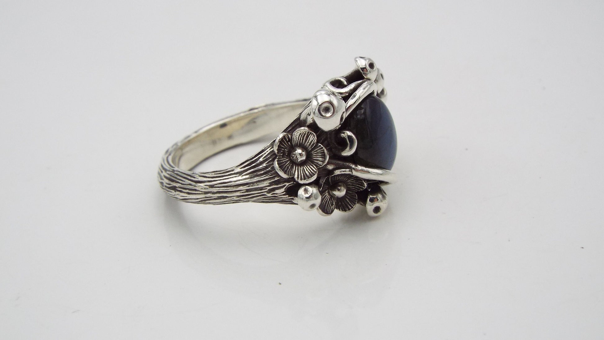 Magical Labradorite Mushroom and Flower Sterling Silver Ring - JF Fantasy Jewelry