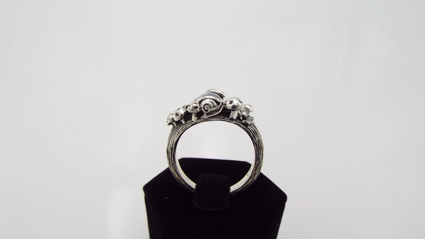 Mystical Moonstone Mushroom and Flower Silver Ring - JF Fantasy Jewelry
