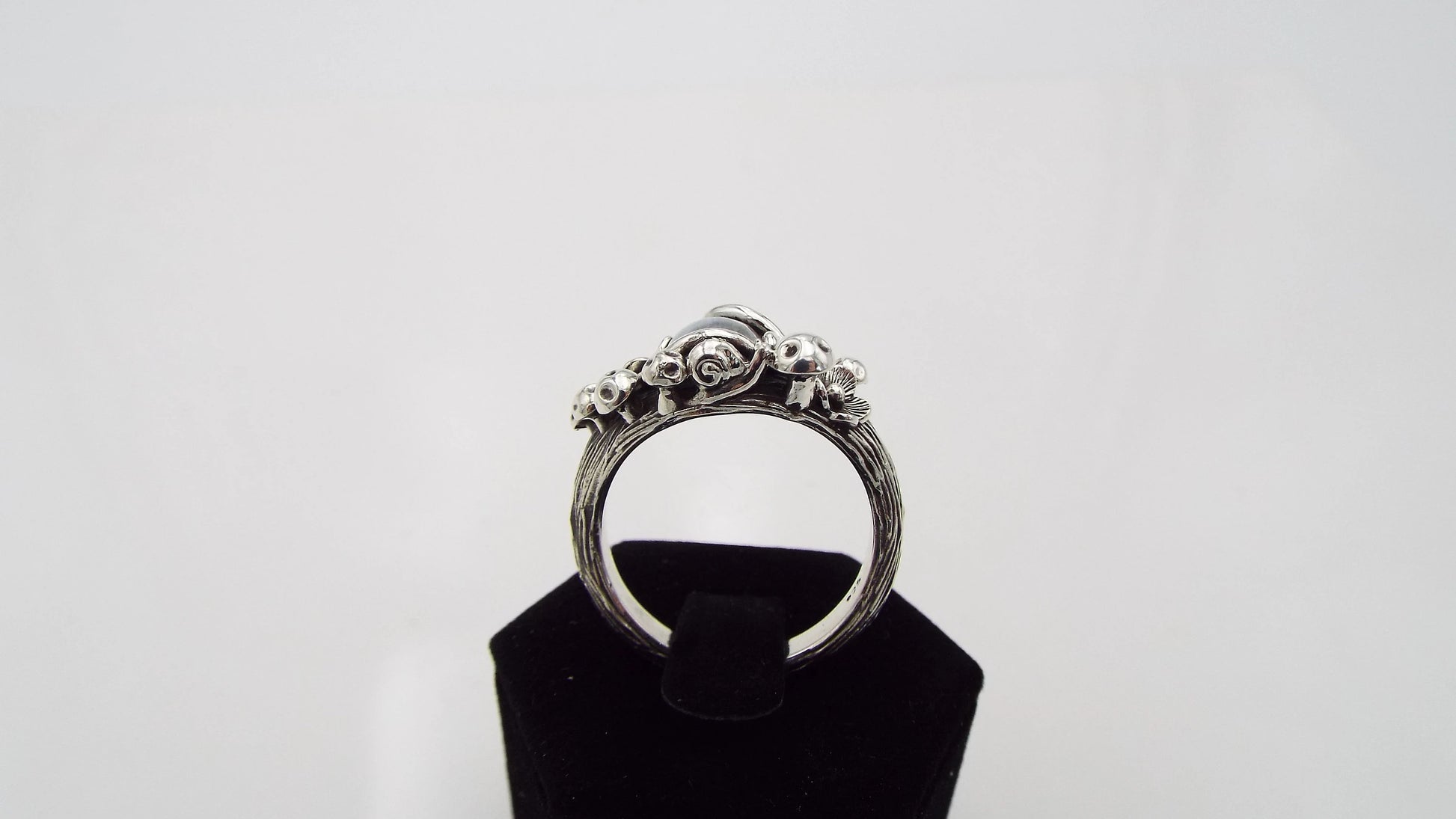 Mystical Moonstone Mushroom and Flower Silver Ring - JF Fantasy Jewelry