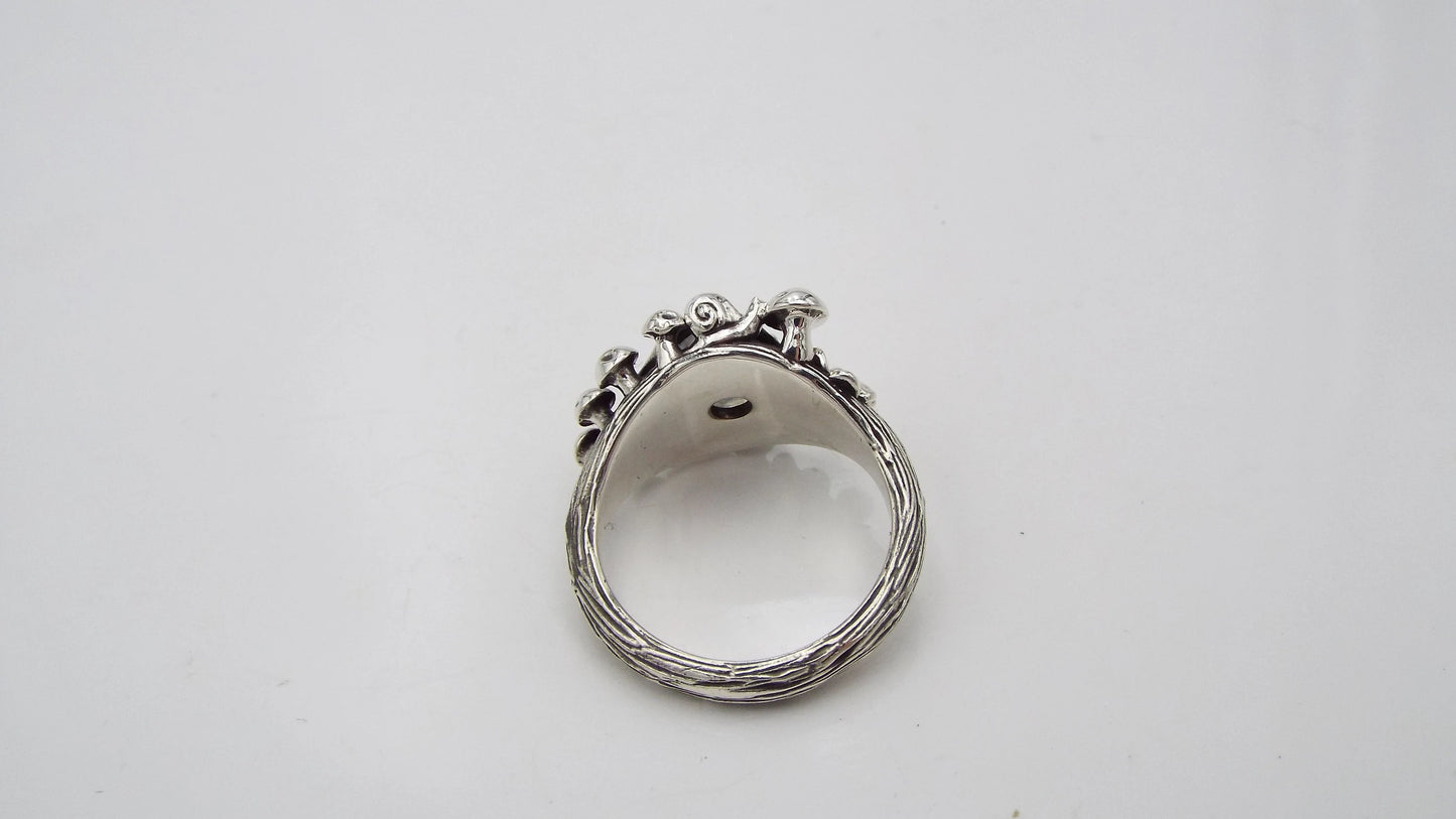 Mystical Moonstone Mushroom and Flower Silver Ring - JF Fantasy Jewelry