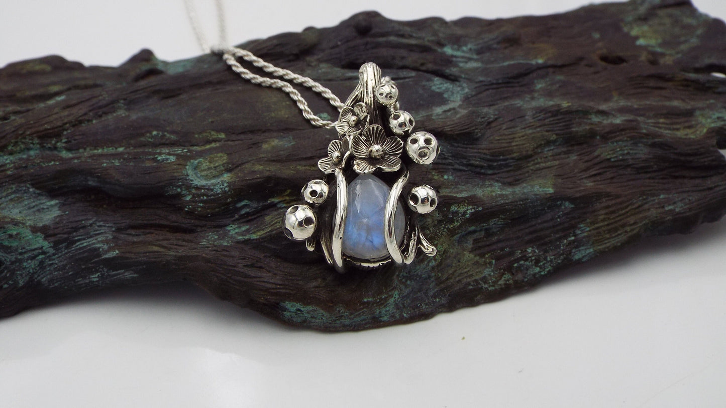 Magical Moonstone Mushroom and Flower Necklace