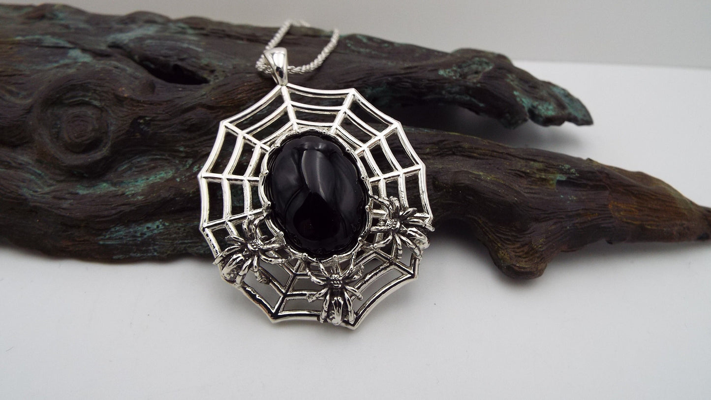 Nest Of Spiders Sterling Silver Necklace with Black Onyx Spider Pendant