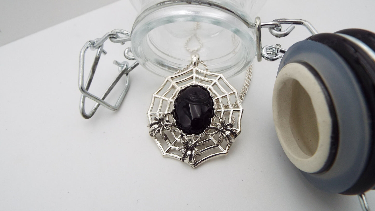 Nest Of Spiders Sterling Silver Necklace with Black Onyx Spider Pendant