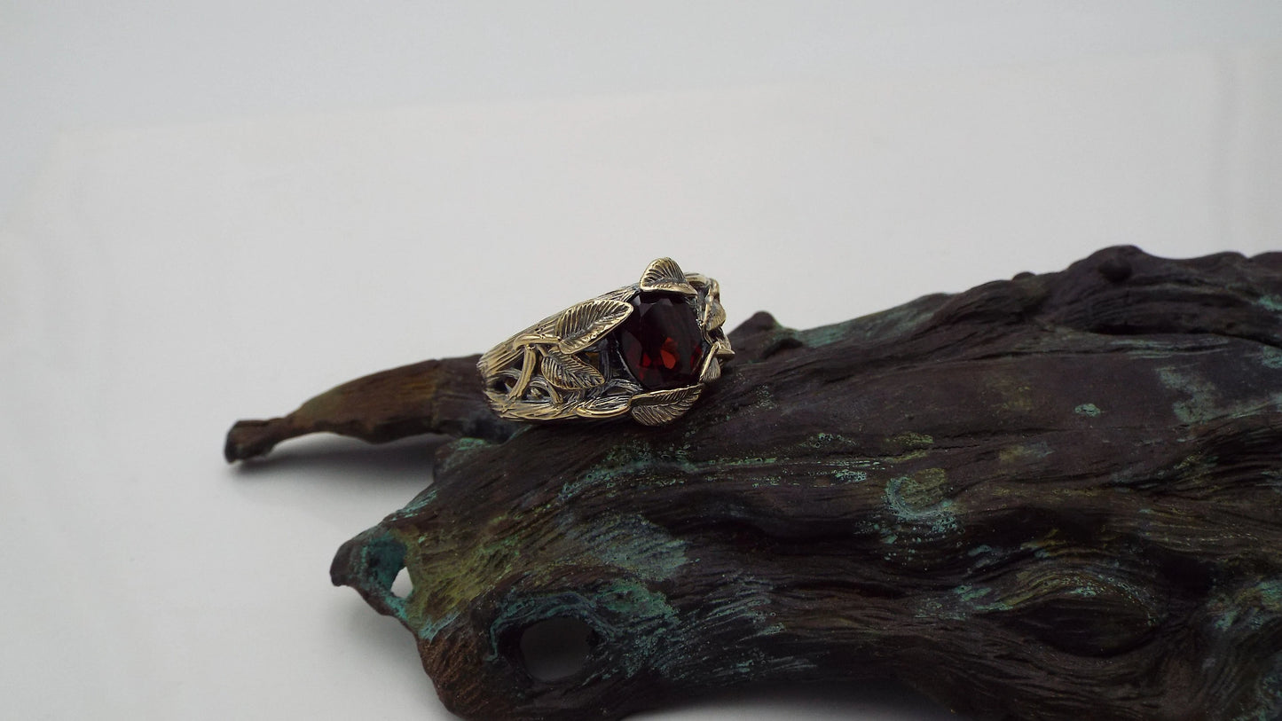 Garnet Golden Leaf and Branch Ring - JF Fantasy Jewelry