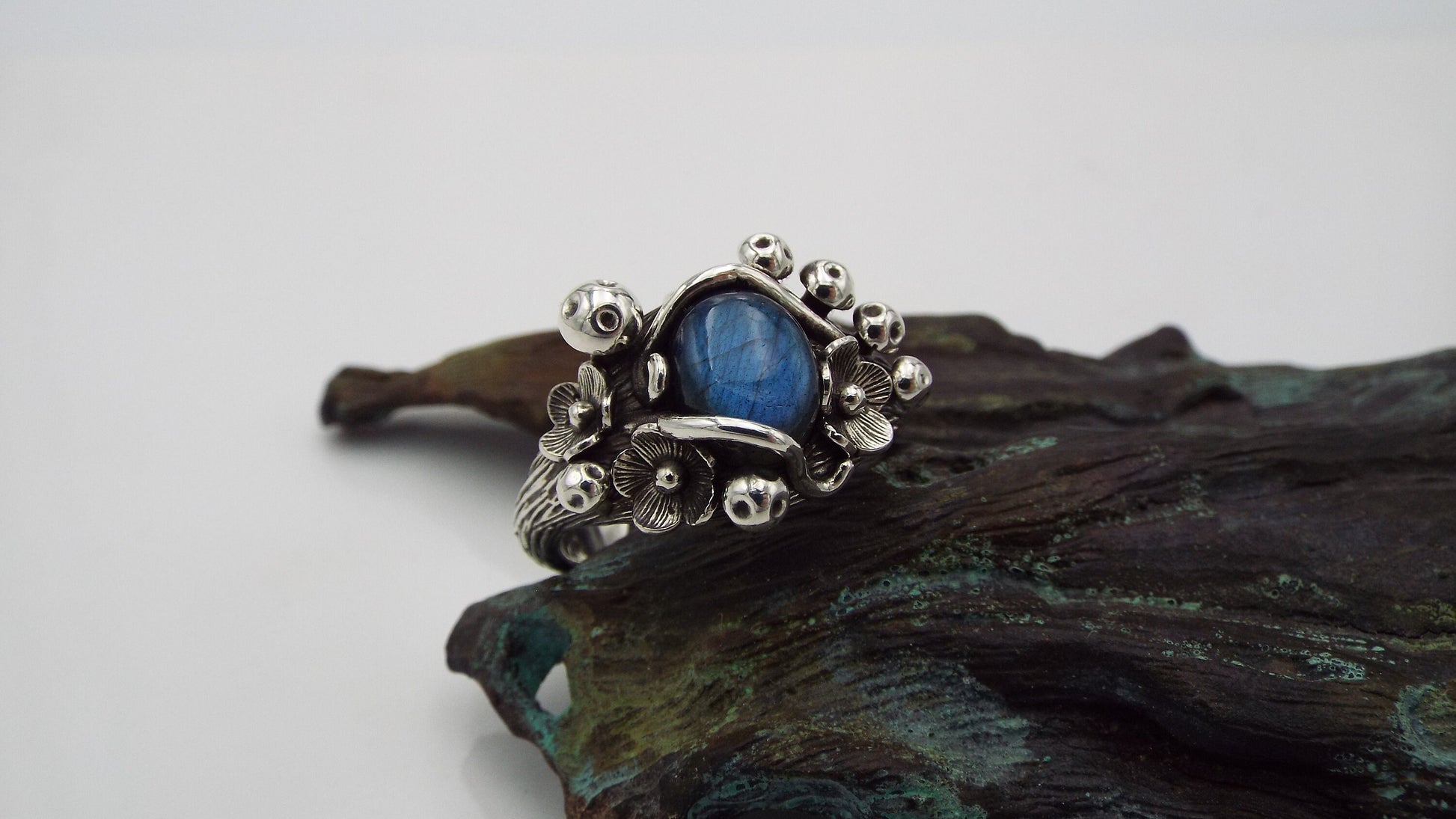 Magical Labradorite Mushroom and Flower Sterling Silver Ring - JF Fantasy Jewelry