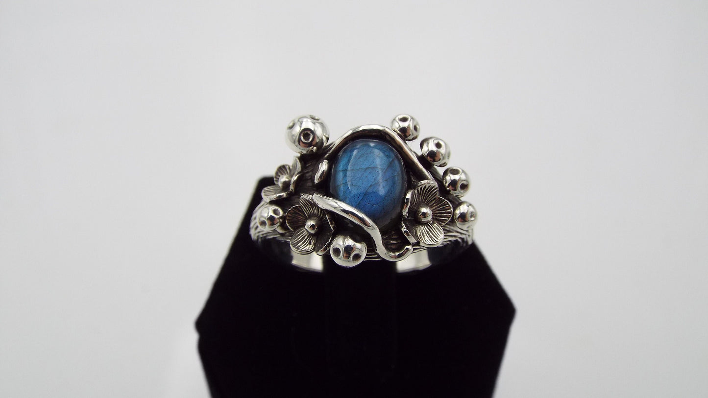 Magical Labradorite Mushroom and Flower Sterling Silver Ring - JF Fantasy Jewelry