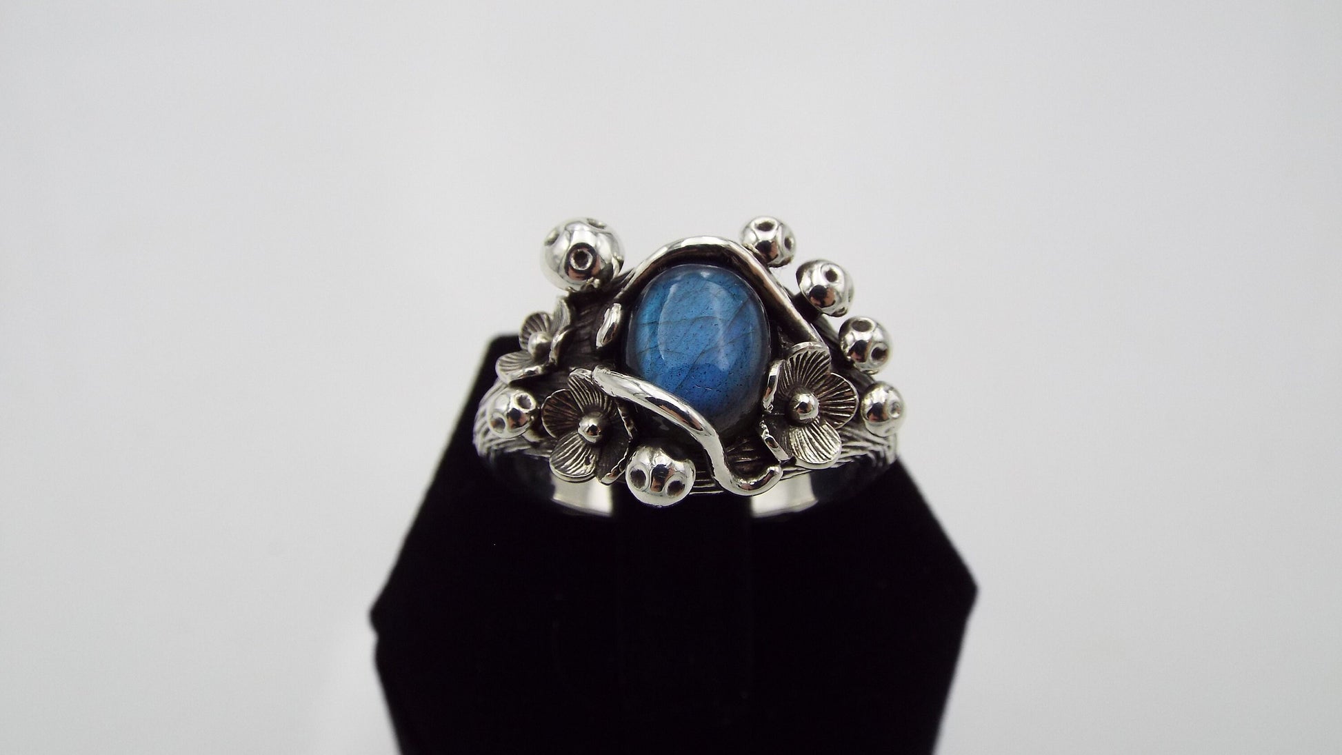 Magical Labradorite Mushroom and Flower Sterling Silver Ring - JF Fantasy Jewelry