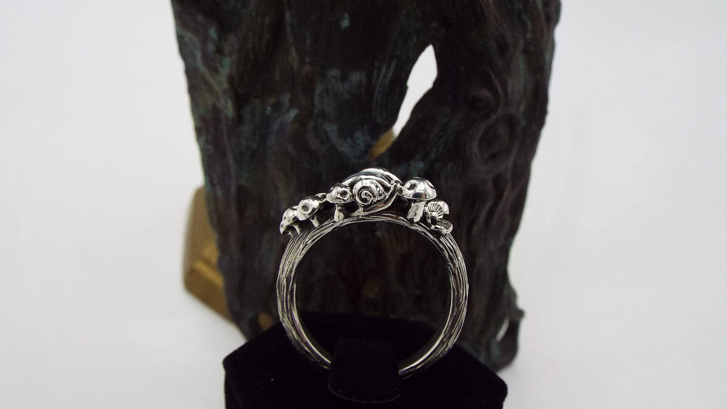Mystical Moonstone Mushroom and Flower Silver Ring - JF Fantasy Jewelry