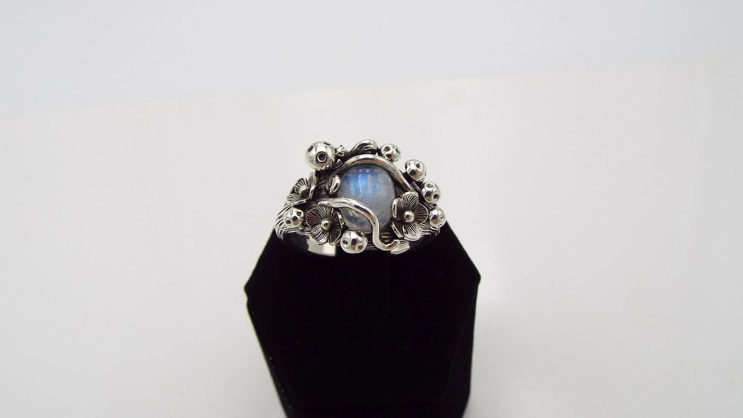 Mystical Moonstone Mushroom and Flower Silver Ring - JF Fantasy Jewelry