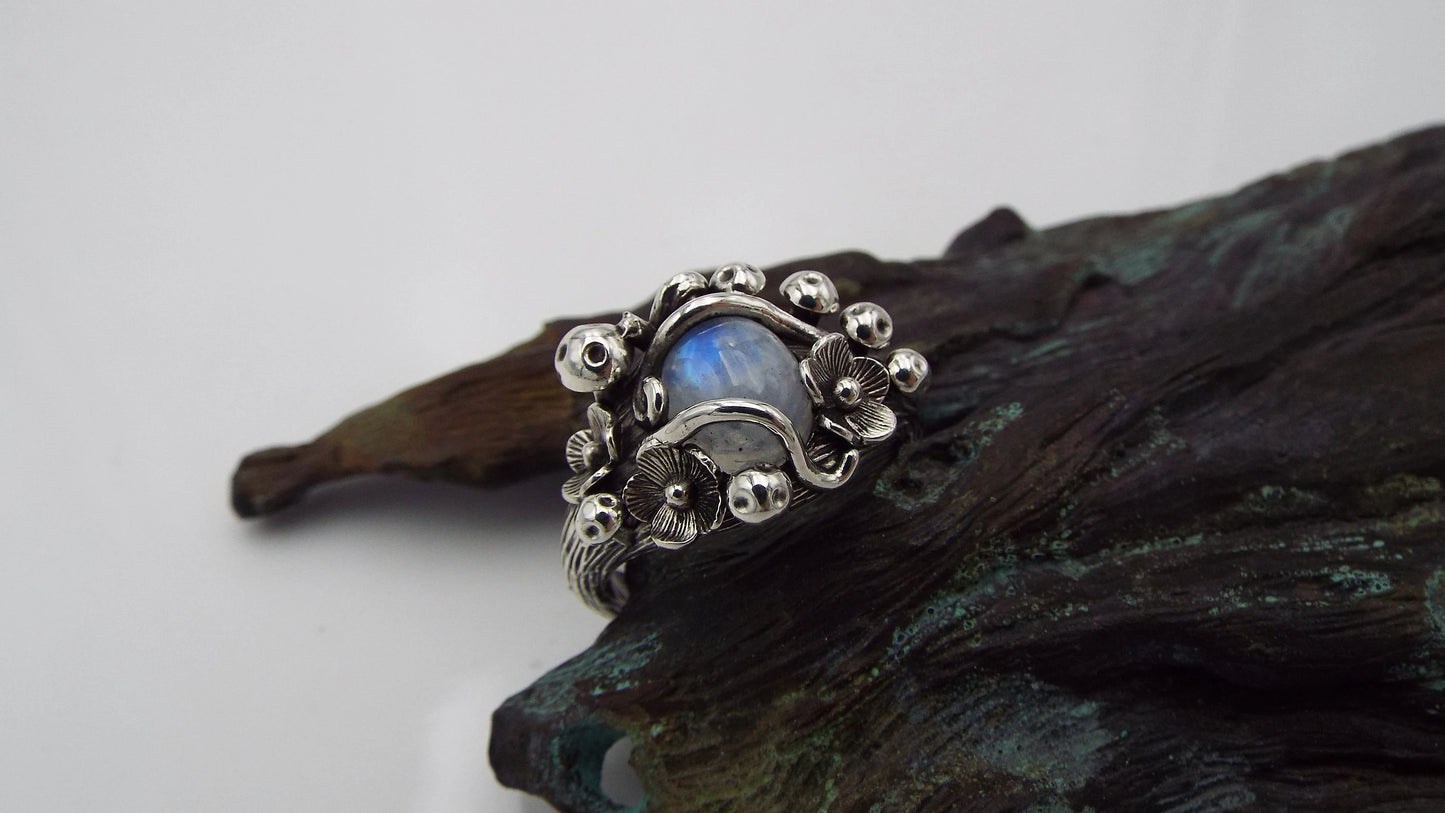 Mystical Moonstone Mushroom and Flower Silver Ring - JF Fantasy Jewelry