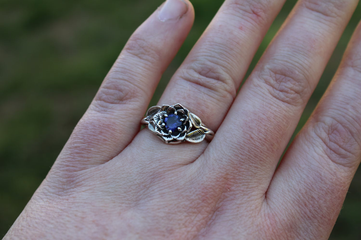 Radiant Bloom - Sterling Silver Iolite Lotus Ring - JF Fantasy Jewelry
