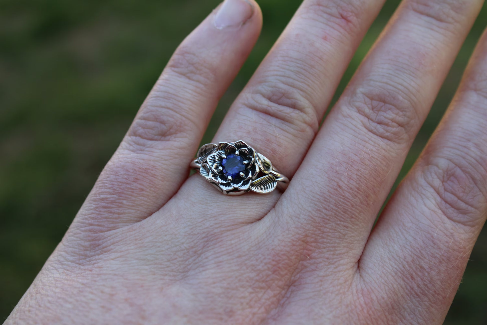 Radiant Bloom - Sterling Silver Iolite Lotus Ring - JF Fantasy Jewelry