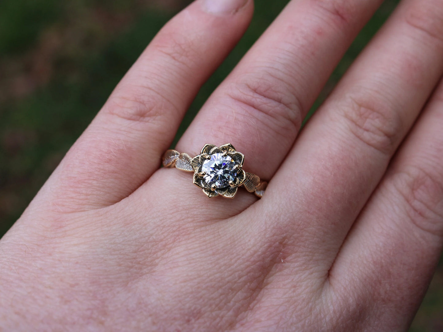 Moissanite Gold Lotus Engagement Ring - JF Fantasy Jewelry