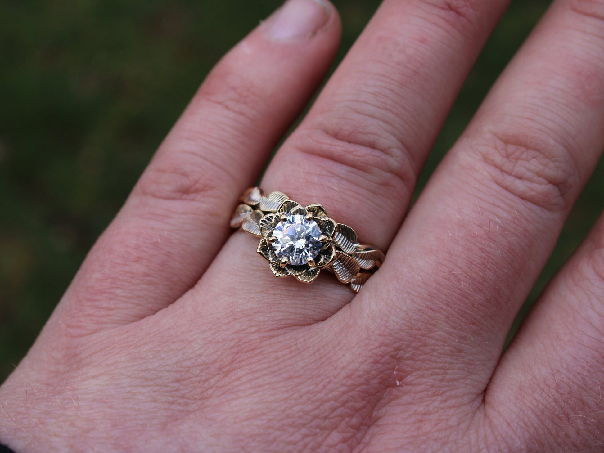 Moissanite Lotus Bridal Set - JF Fantasy Jewelry