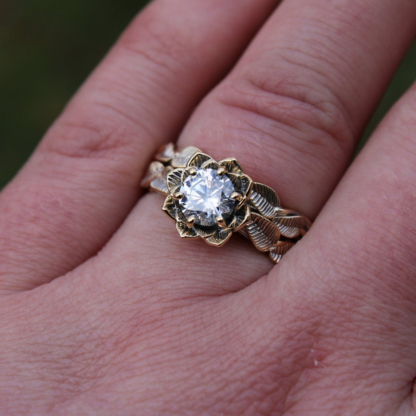 Moissanite Lotus Bridal Set - JF Fantasy Jewelry