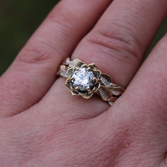 Moissanite Lotus Bridal Set - JF Fantasy Jewelry