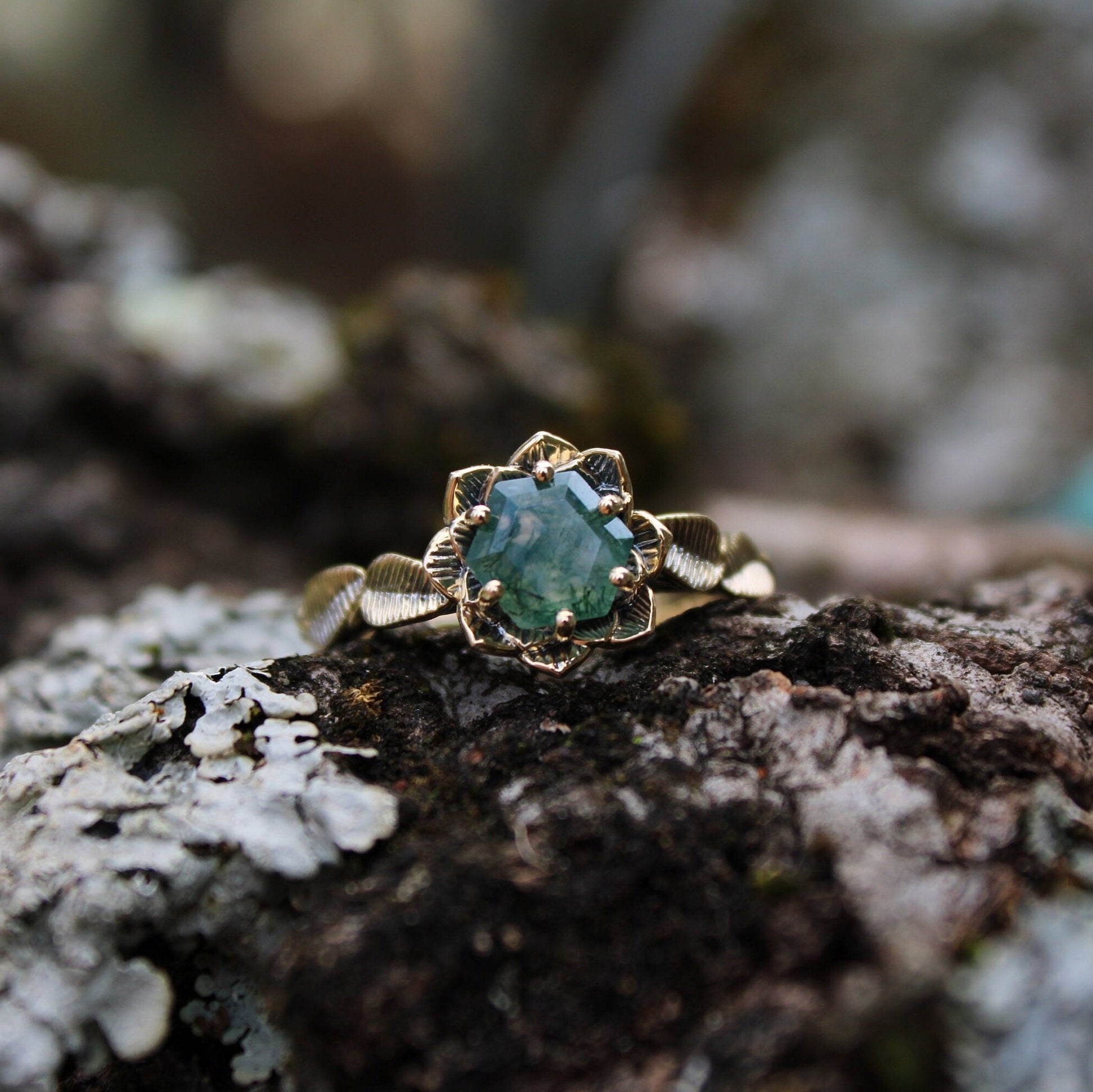 Moss Agate Lotus Gold Engagement Ring - JF Fantasy Jewelry