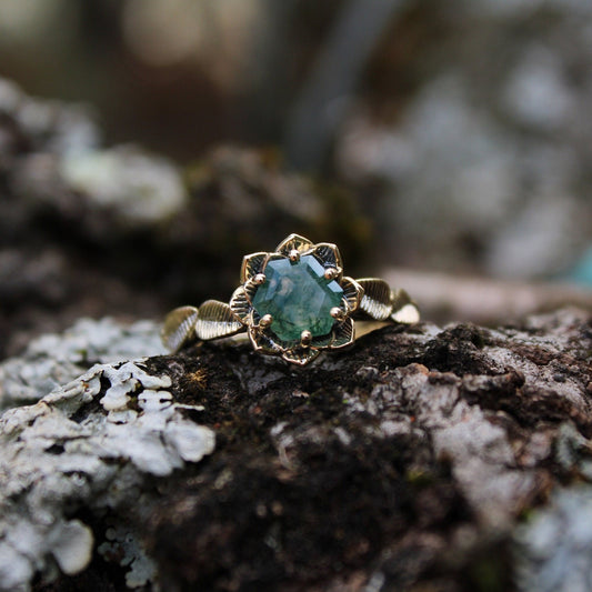 Moss Agate Lotus Gold Engagement Ring - JF Fantasy Jewelry