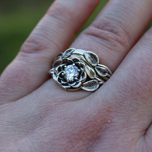 Radiant Bloom Set, Sterling Silver Moissanite Lotus Bridal Set - JF Fantasy Jewelry