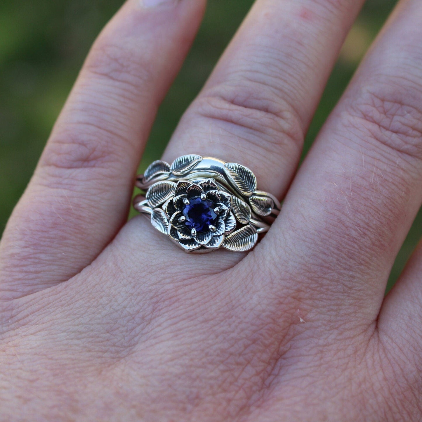 Radiant Bloom Set - Sterling Silver Iolite Lotus Bridal Set