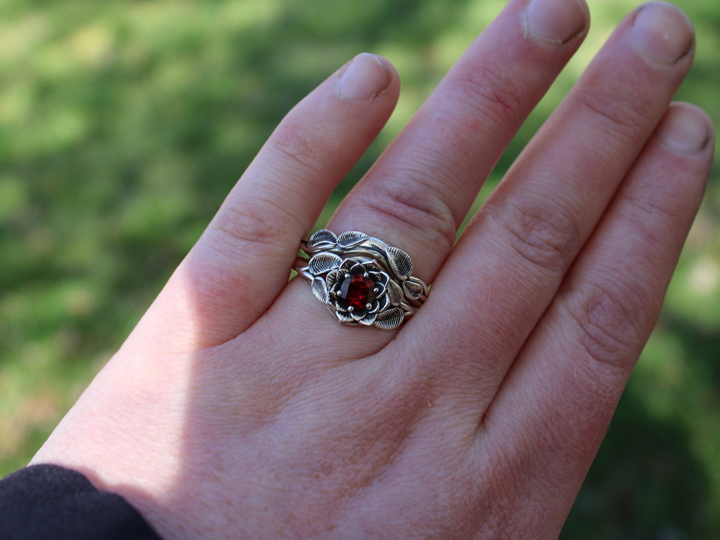 Radiant Bloom Set - Sterling Silver Garnet Lotus Bridal Set