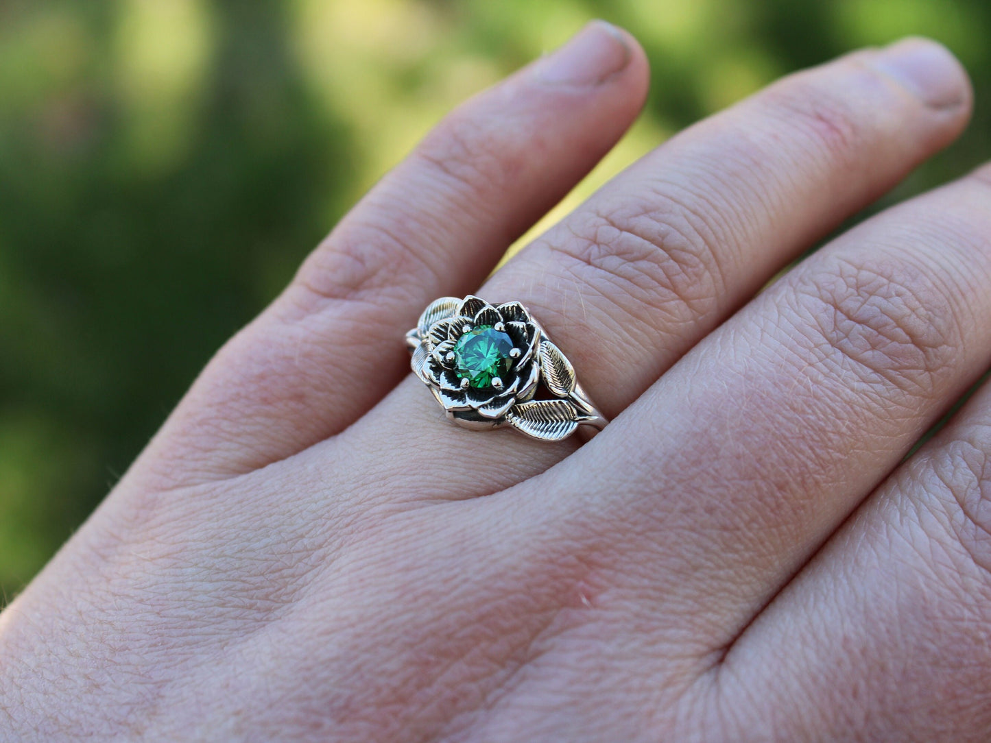 Radiant Bloom - Sterling Silver Green CZ Lotus Ring