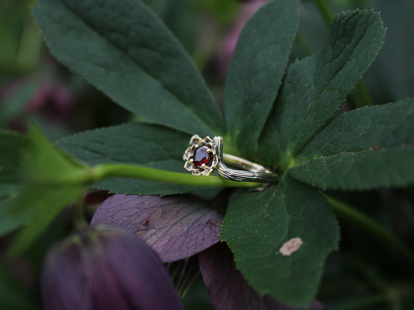 Sunset Petals, Ruby Gold Lotus Engagement Ring - JF Fantasy Jewelry