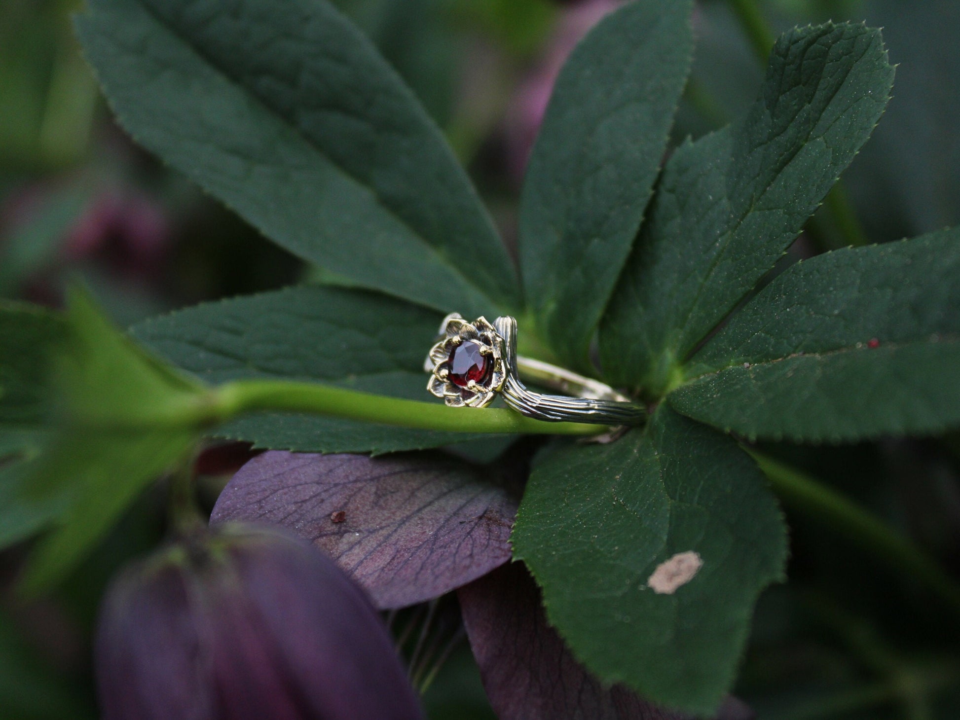 Sunset Petals, Ruby Gold Lotus Engagement Ring - JF Fantasy Jewelry