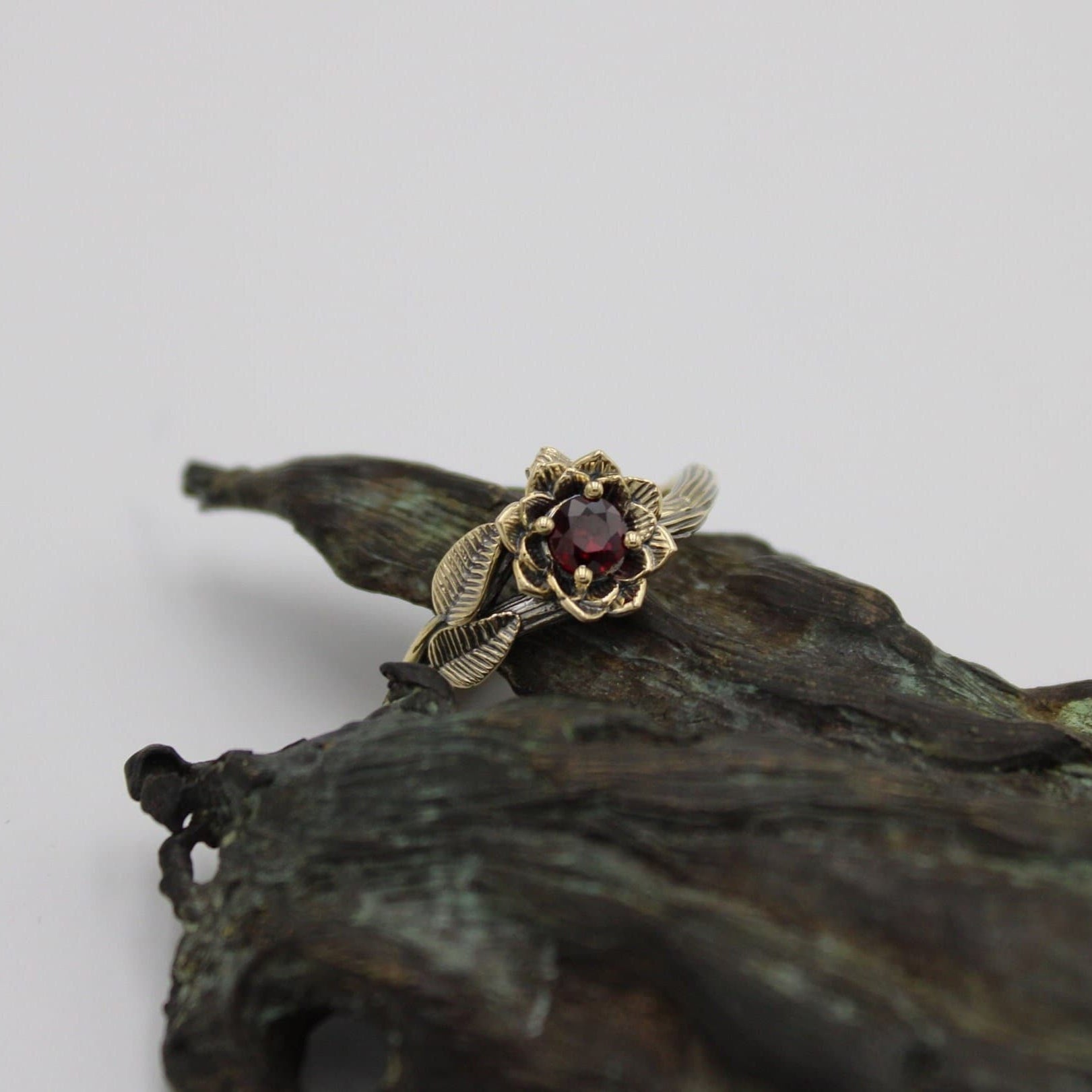 Sunset Petals, Ruby Gold Lotus Engagement Ring - JF Fantasy Jewelry