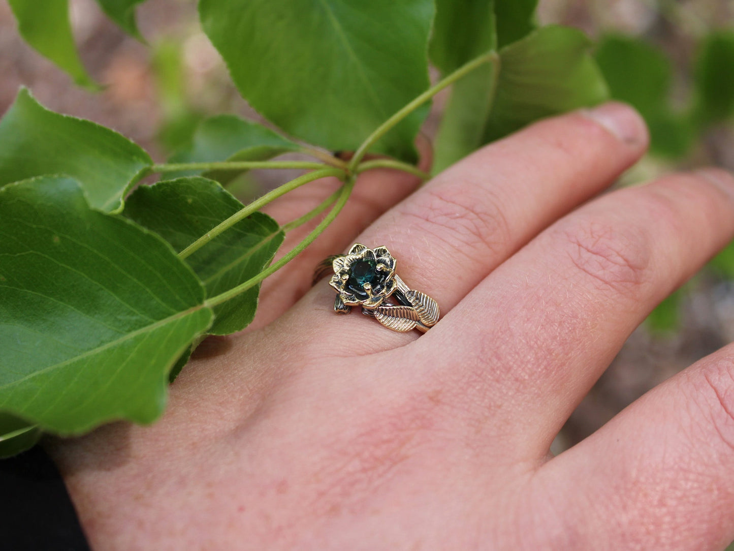 Twilight Petals - Sapphire Gold Lotus Engagement Ring - JF Fantasy Jewelry