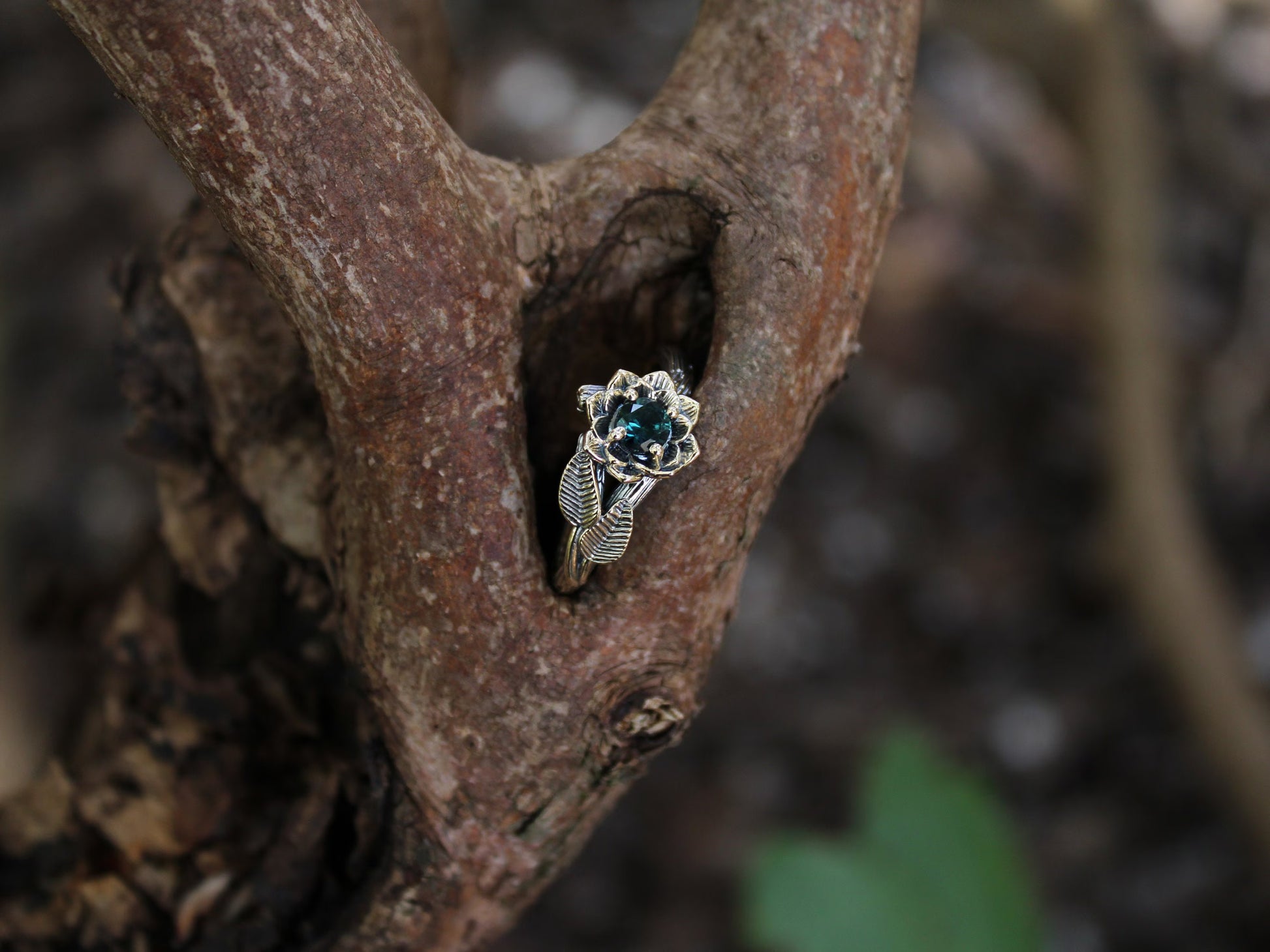 Twilight Petals - Sapphire Gold Lotus Engagement Ring - JF Fantasy Jewelry