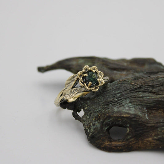 Twilight Petals, Sapphire Gold Lotus Engagement Ring - JF Fantasy Jewelry