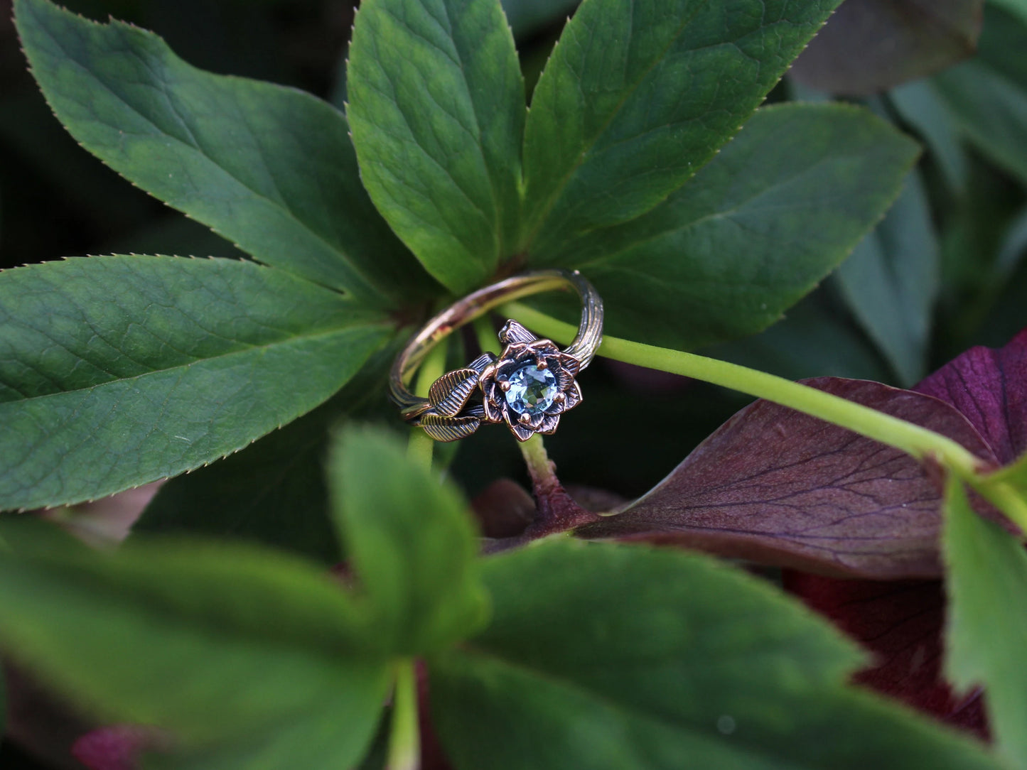 Sea of Petals - Aquamarine Gold Lotus Engagement Ring - JF Fantasy Jewelry