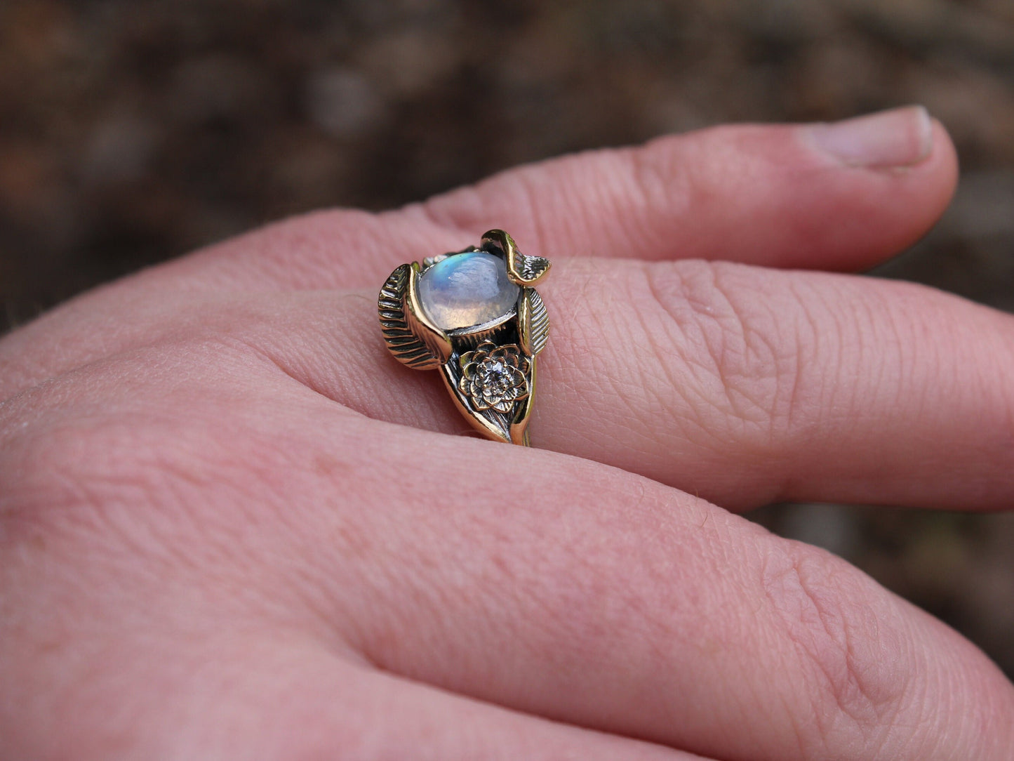Lotus Leaf Dance, Moonstone Gold Lotus Engagement Ring - JF Fantasy Jewelry