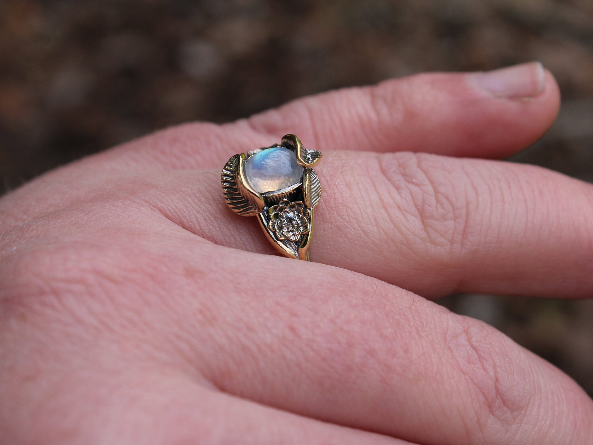 Lotus Leaf Dance, Moonstone Gold Lotus Engagement Ring - JF Fantasy Jewelry